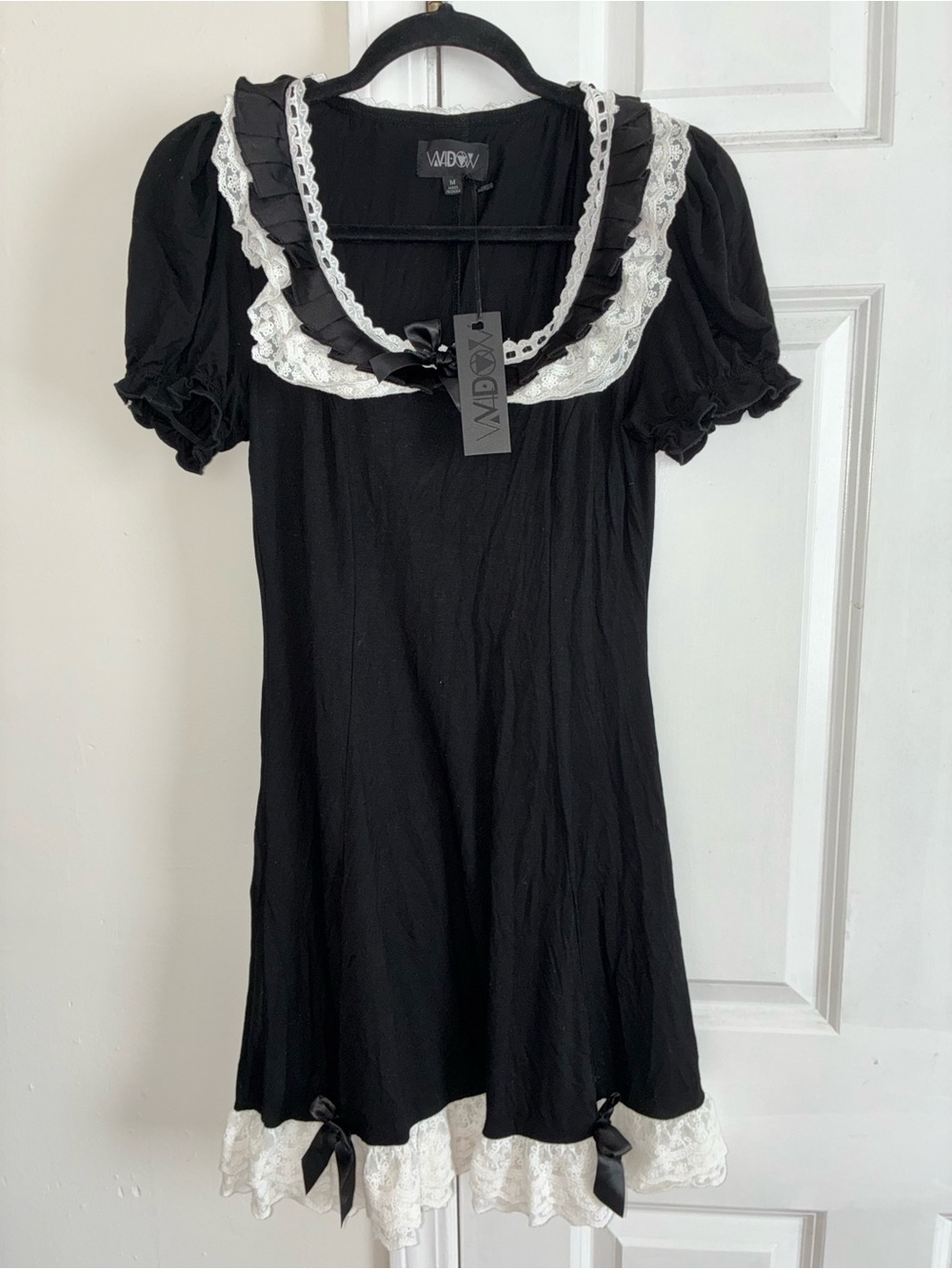 Dolls kill widow Black Midi Dress with White Lace Trim